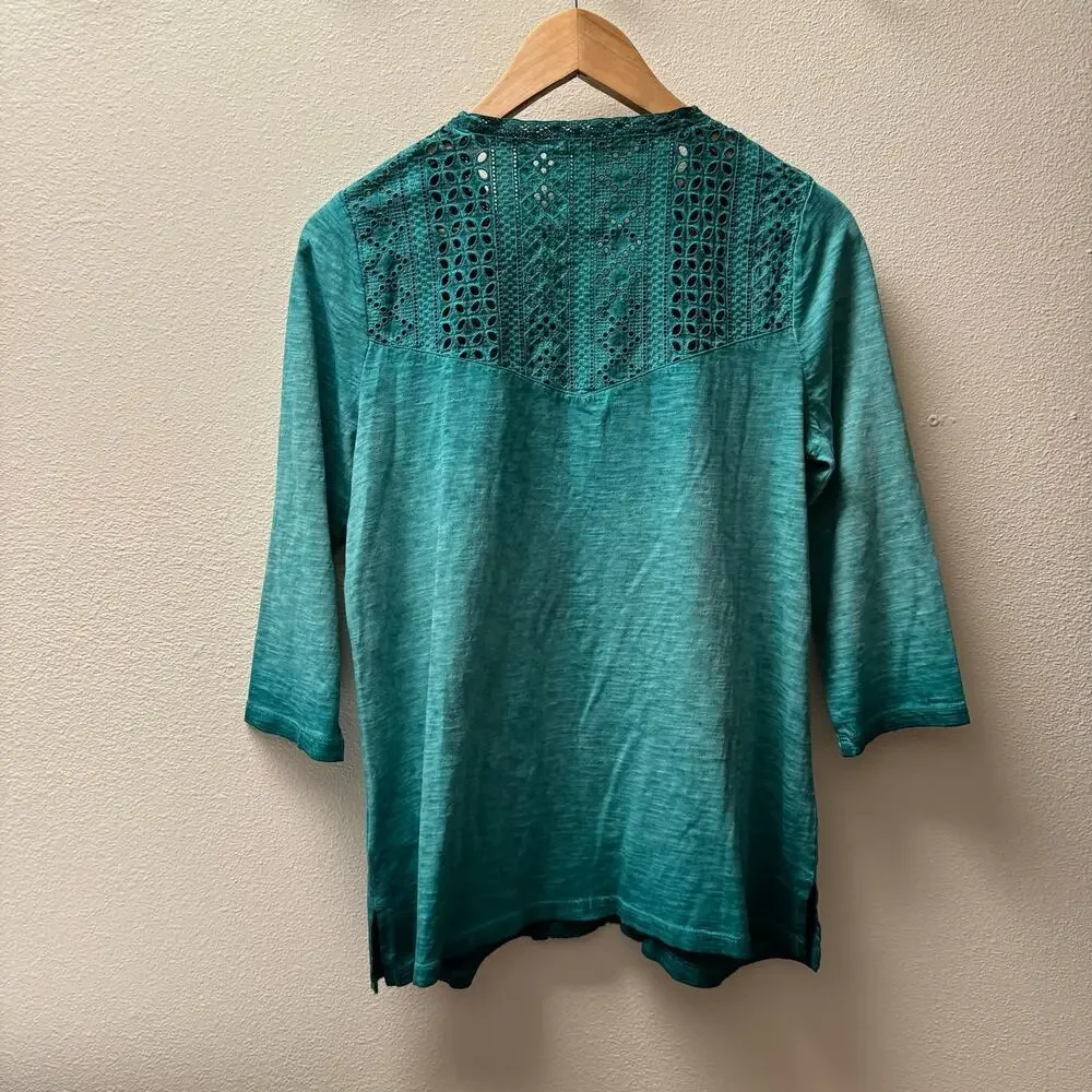 Soft Surroundings Teal Eyelet Knit Boho V-cut Quarter Sleeves Top Women's sz S - Picture 5 of 10